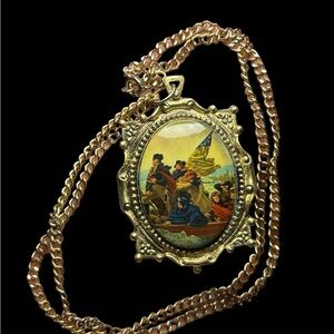 Vintage Gold Pendant Necklace with Historical Scene